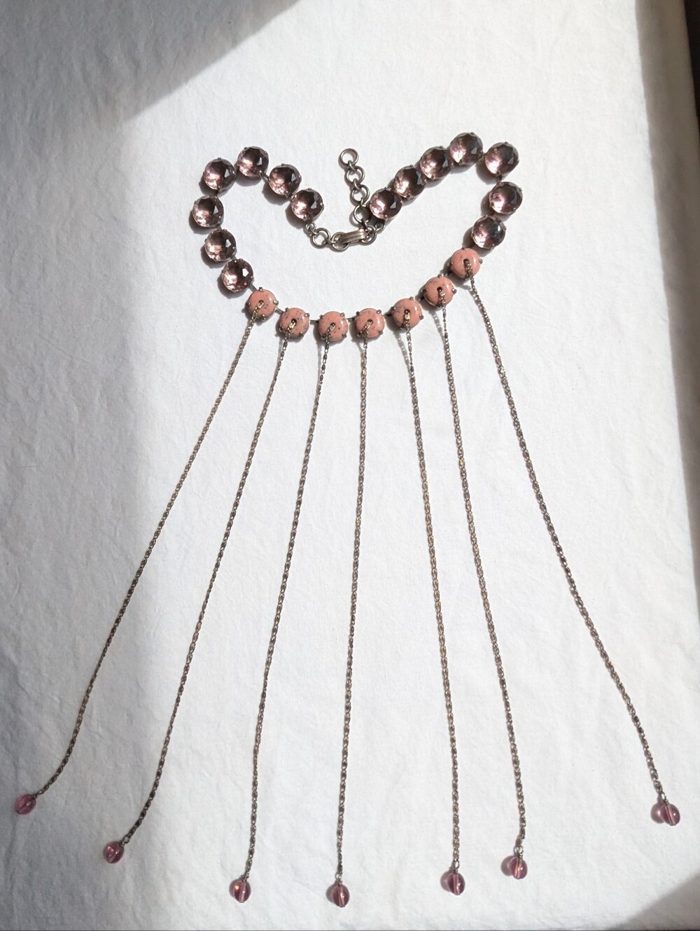 JL Blin - Delicate Pink Fringe Bead Necklace with Chain Tassels
